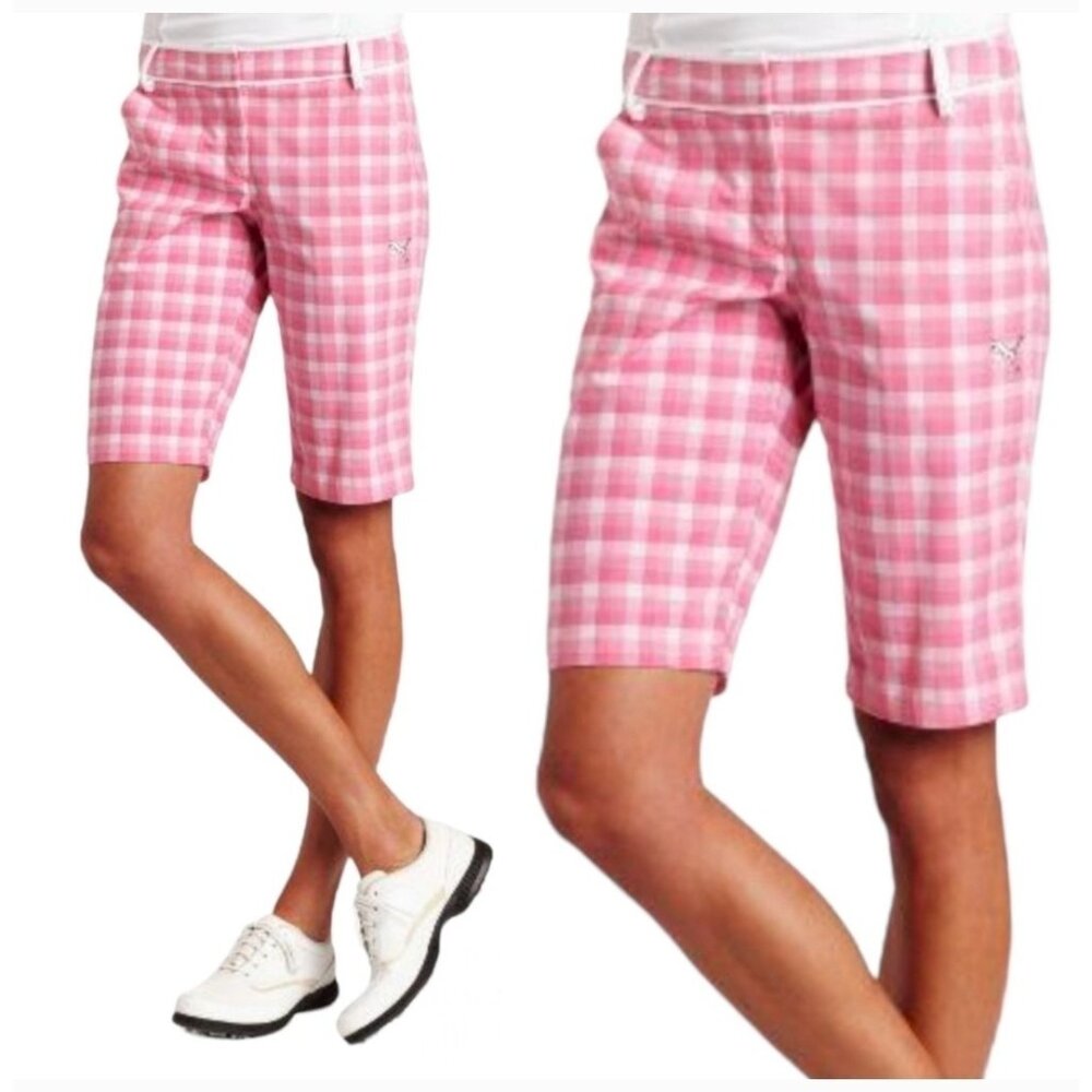 Puma Golf Shorts Womens Size 2 Pink White Bermuda Mid Rise Plaid Check